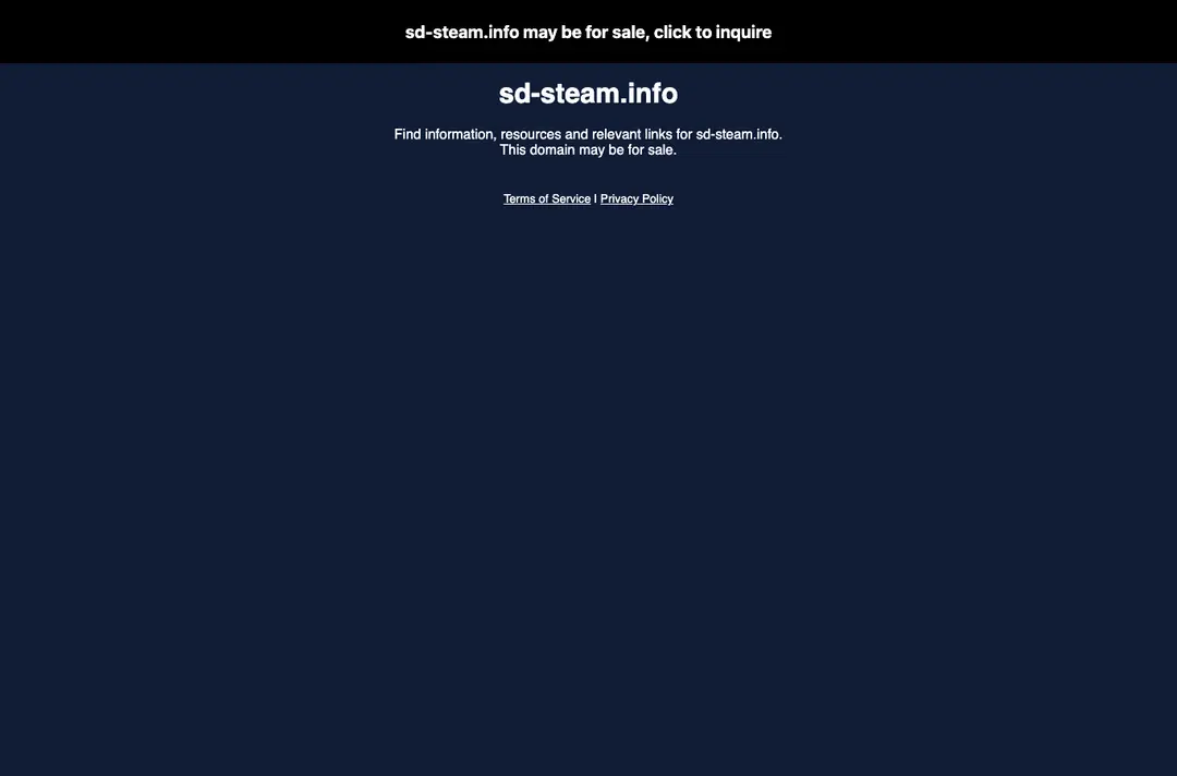 The parked page that sd-steam.info showed in our test: a dark page headed sd-steam.info with the line This domain may be for sale and a bar saying the name may be for sale