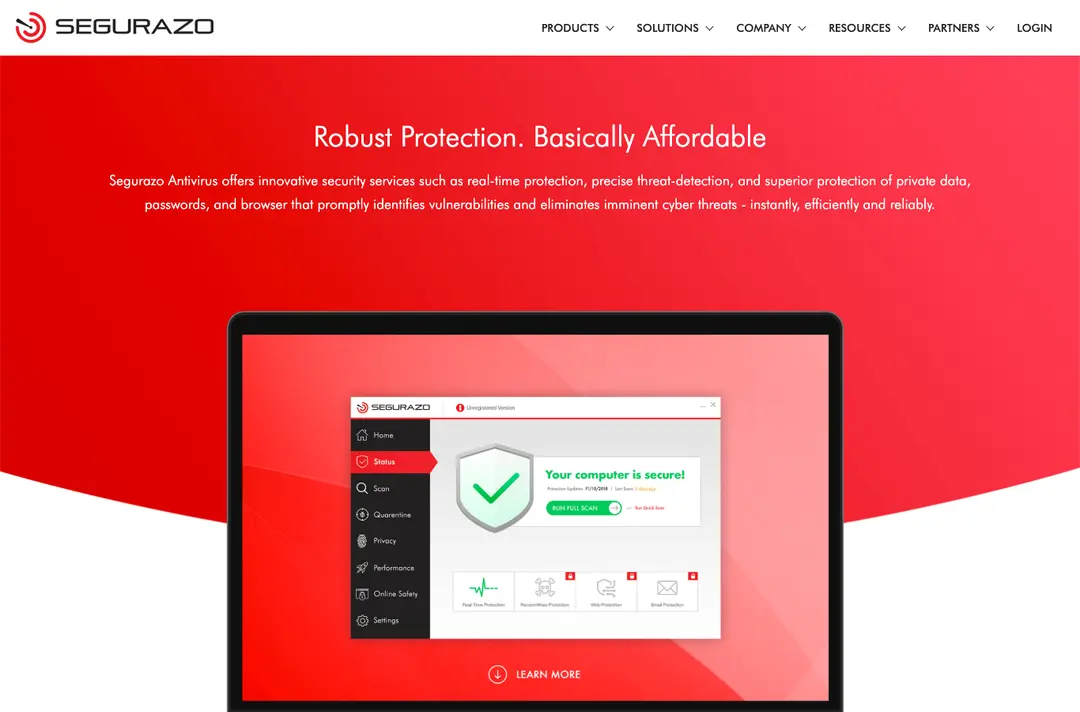 Segurazo home page on 5 October 2026 headed Robust Protection. Basically Affordable, with a mock-up of the program window