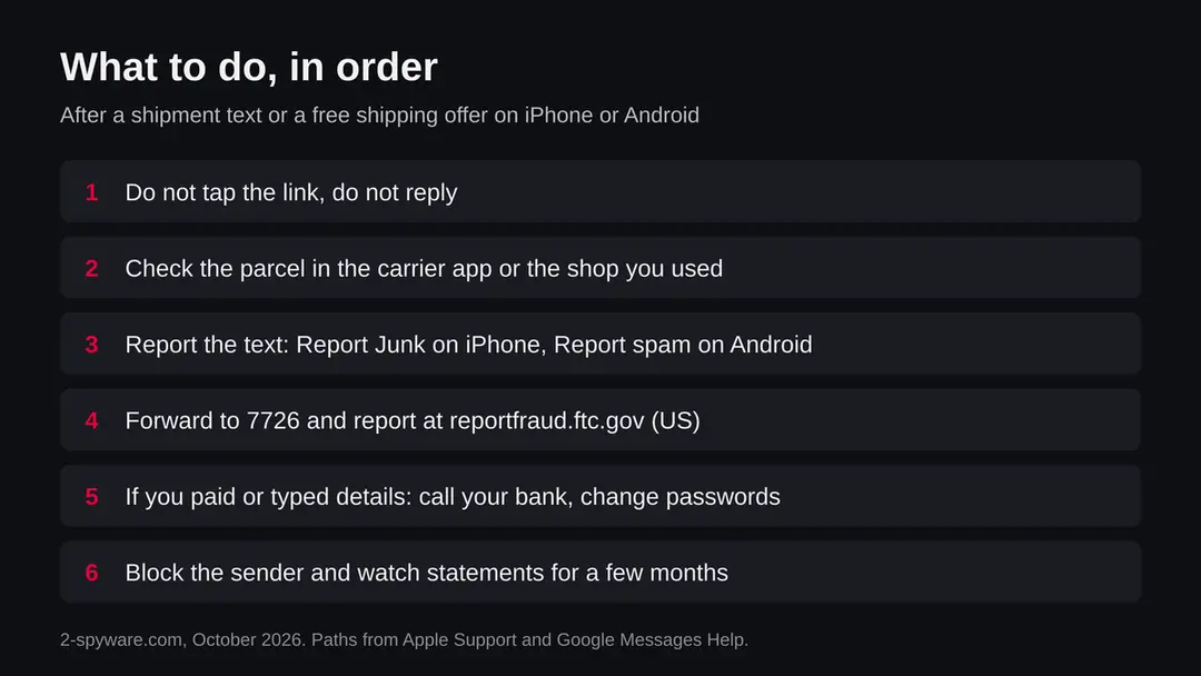 Six numbered steps: do not tap, check the parcel yourself, report the text on the phone, forward to 7726 and report to the FTC, call your bank if you paid, block the sender
