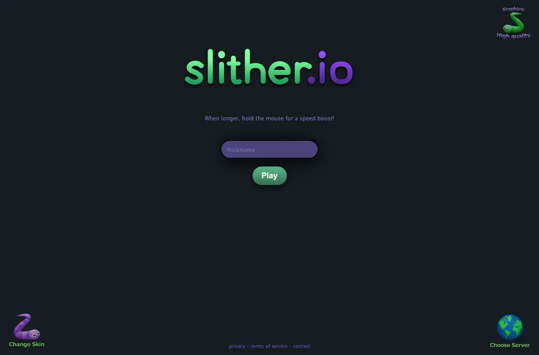 Slither.io start page with the logo, a nickname box, a Play button and Change Skin, Choose Server and Graphics icons in the corners