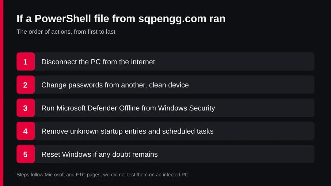 Five steps in order: disconnect the PC, change passwords from another device, run Microsoft Defender Offline, remove unknown startup entries and tasks, reset Windows if doubt remains