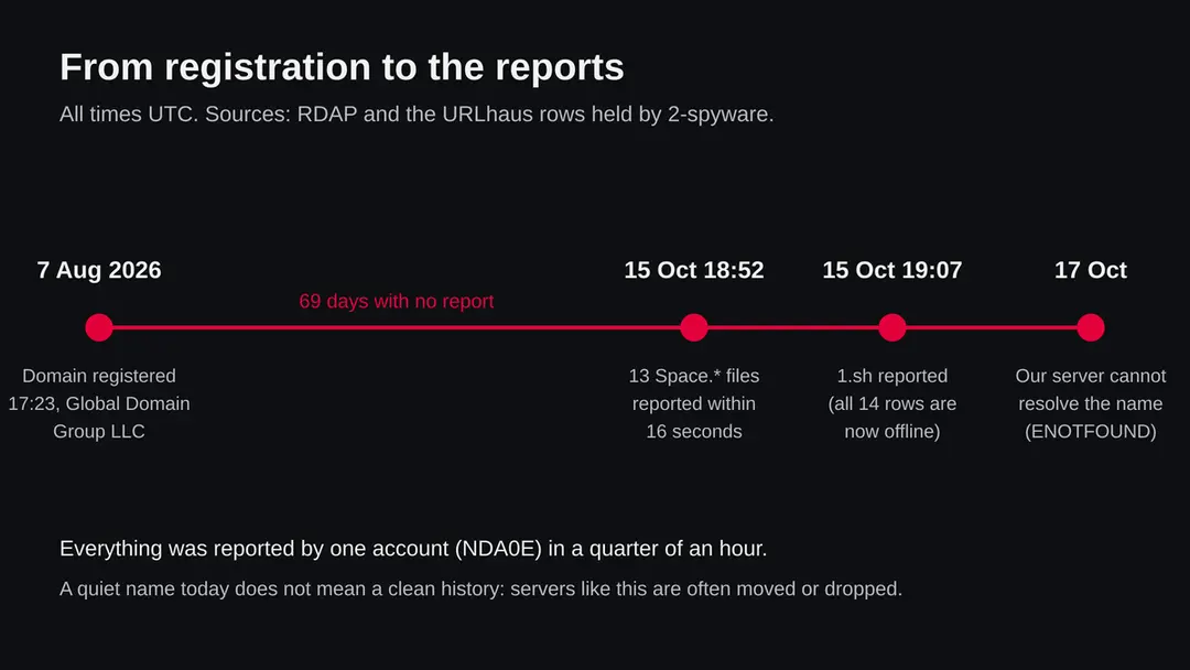 Timeline from registration on 7 August 2026 to the reports on 15 October and a failed name lookup on 17 October