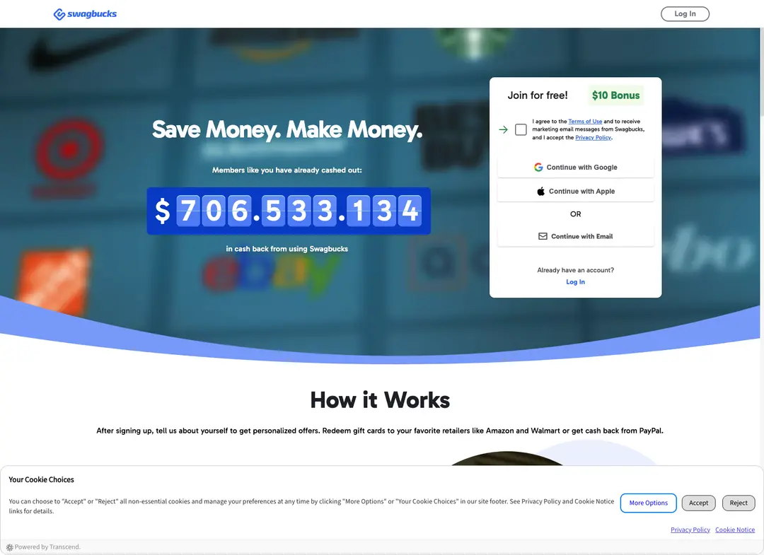 The swagbucks.com start page with a Join for free box, Google, Apple and e-mail sign-up and a cookie choices banner