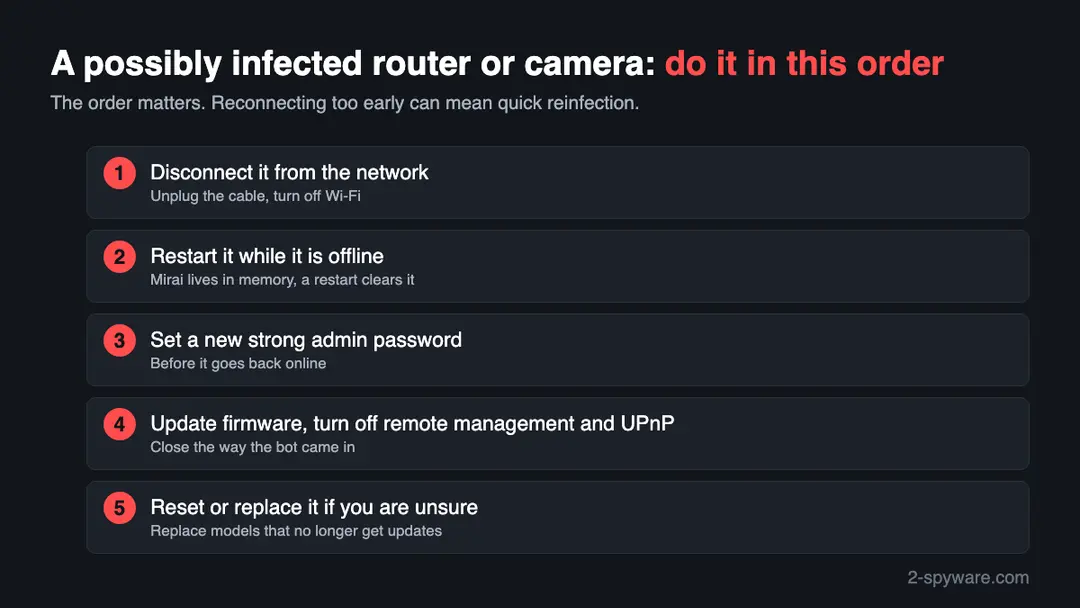 Order of actions for a possibly infected device: unplug it, restart it offline, set a new password, update firmware and turn off remote management, then reset or replace it
