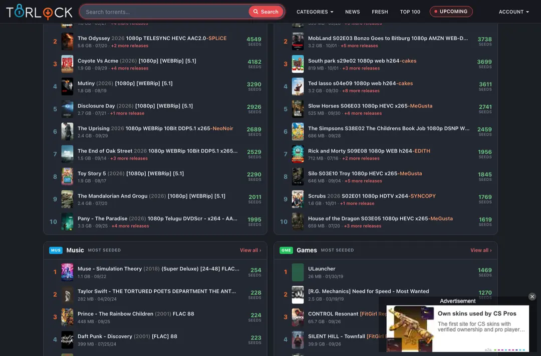Torlock.com front page scrolled to the most-seeded lists for TV, films, music and games, with a floating Advertisement video box in the bottom-right corner
