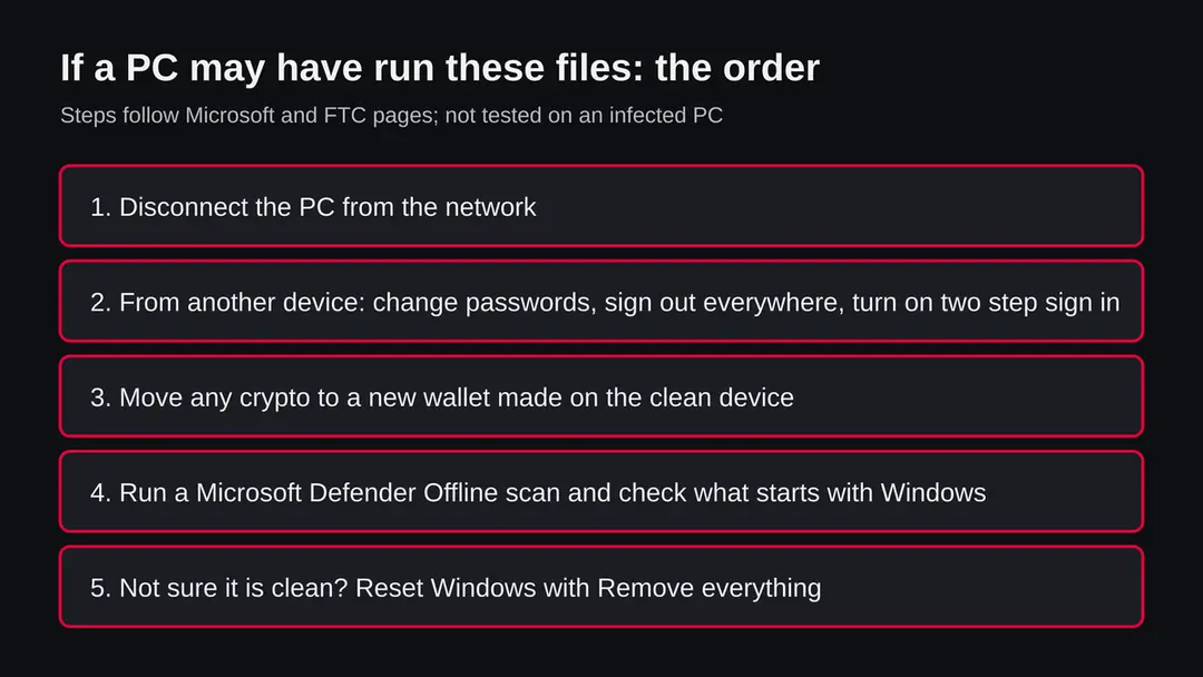 Five steps in order: disconnect the PC, change passwords from another device, move crypto, run a Defender Offline scan, reset Windows if unsure