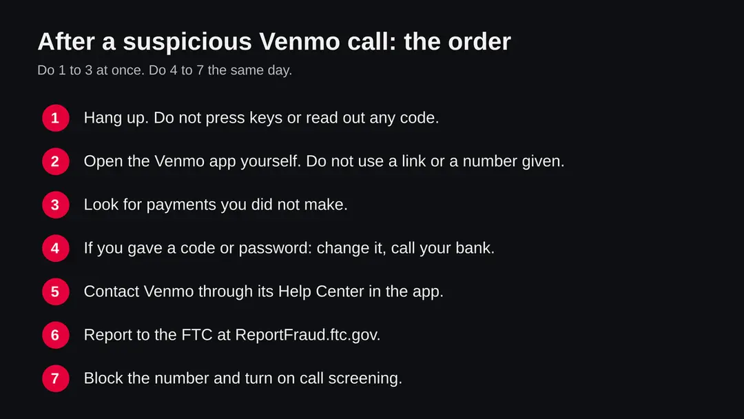 Seven numbered steps after a suspicious Venmo call, from hanging up to blocking the number