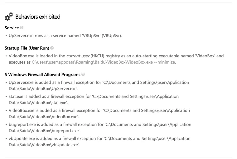 Should I Remove It page for VideoBox from Baidu: the Behaviors exhibited list with the VBUpSvr service, the VideoBox start-up entry and five Windows Firewall exceptions for UpServer.exe, stat.exe, VideoBox.exe, bugreport.exe and vbUpdate.exe