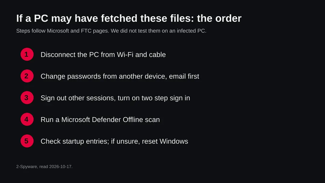 Five steps in order: disconnect the PC, change passwords from another device, sign out other sessions, run a Defender Offline scan, check startup entries or reset Windows