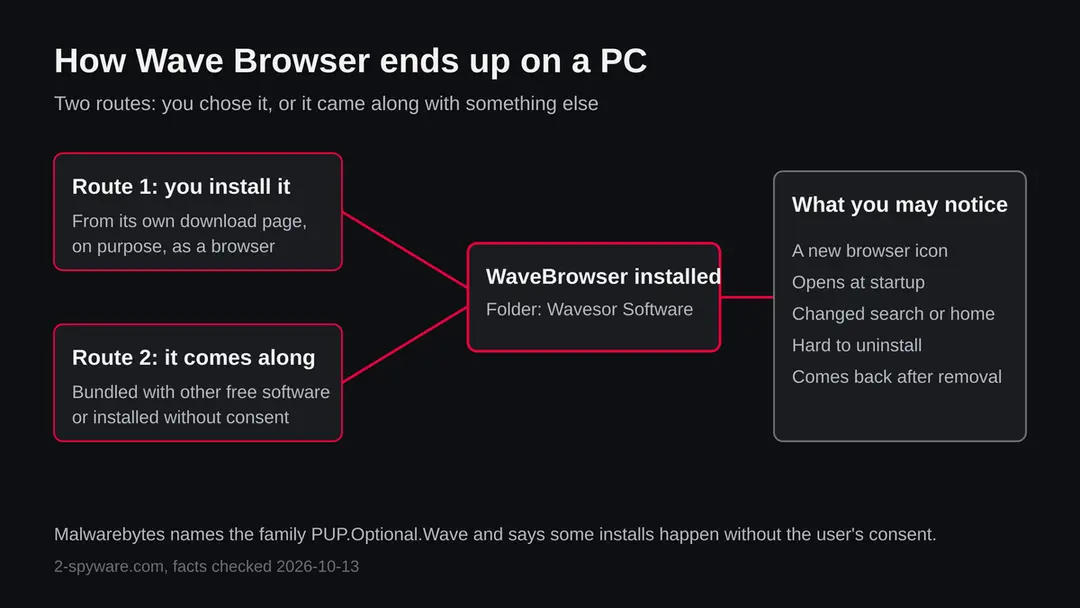 Diagram with two routes, installing on purpose and arriving bundled or without consent, both leading to WaveBrowser installed and then to the signs you may notice