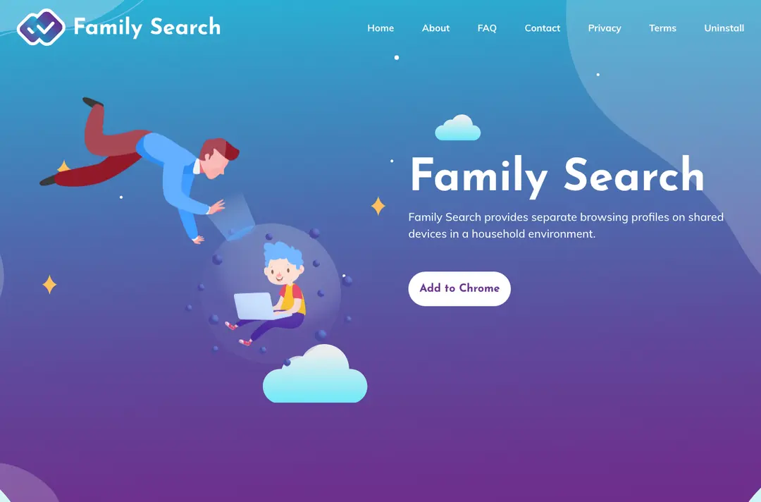 websafety.live in October 2026: the Family Search logo, the headline Family Search and an Add to Chrome button on a blue and purple background
