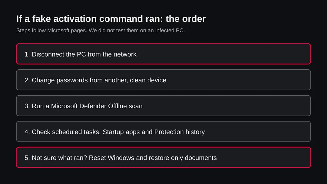 Five steps in order: disconnect the PC, change passwords from another device, run a Defender Offline scan, check tasks and startup, reset Windows if unsure