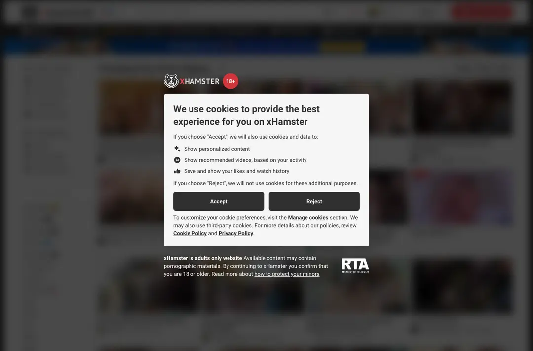 Xhamster.com home page behind an adults-only and cookie dialog with Accept and Reject buttons