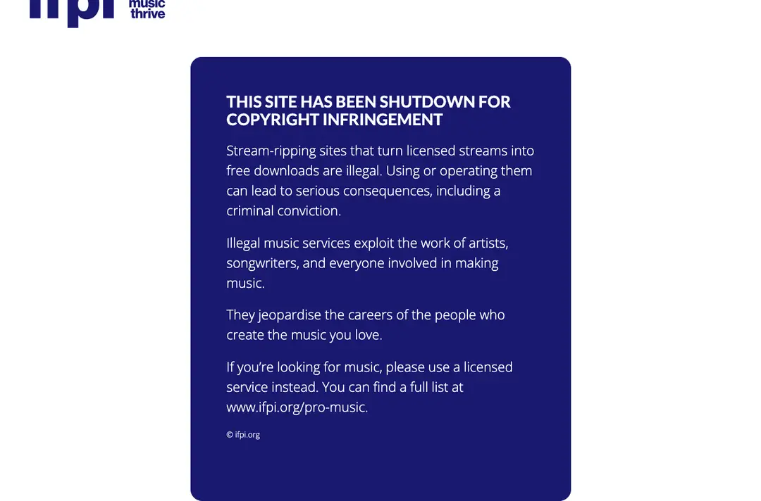 The page at yt1s.com on 6 October 2026: IFPI's notice saying this site has been shutdown for copyright infringement