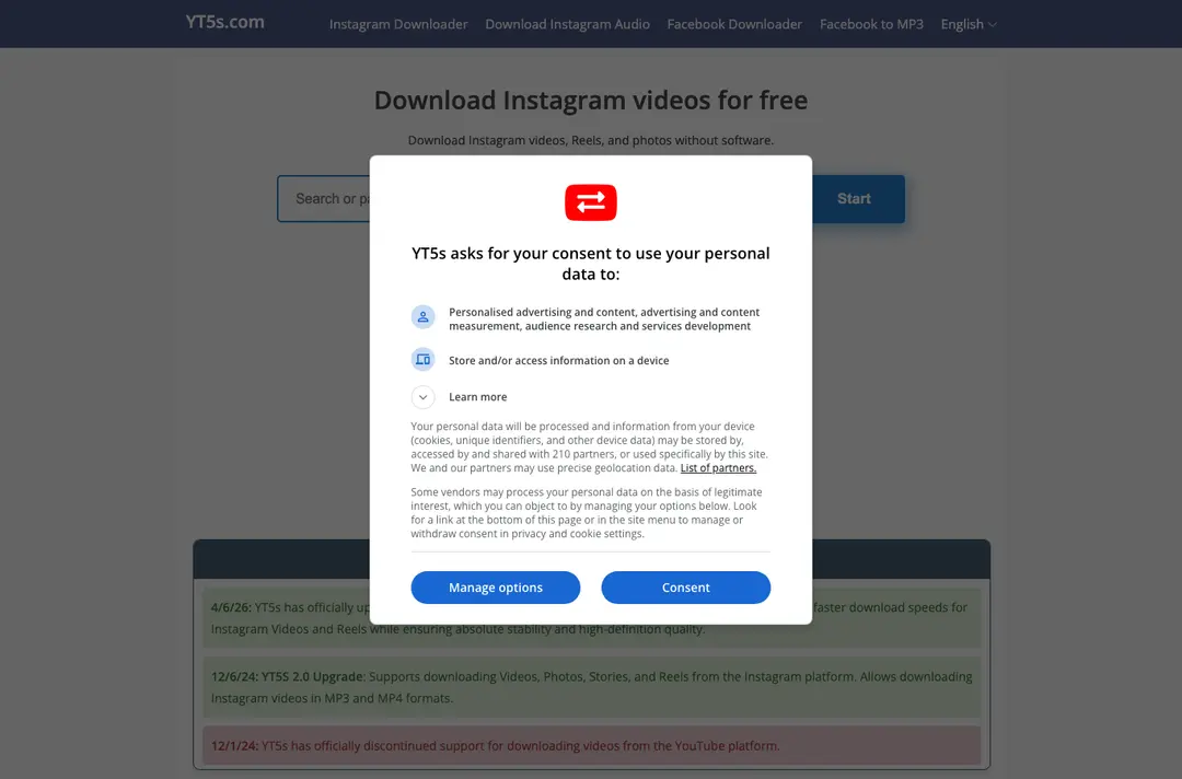 YT5s.com home page with the Instagram downloader and a consent dialog