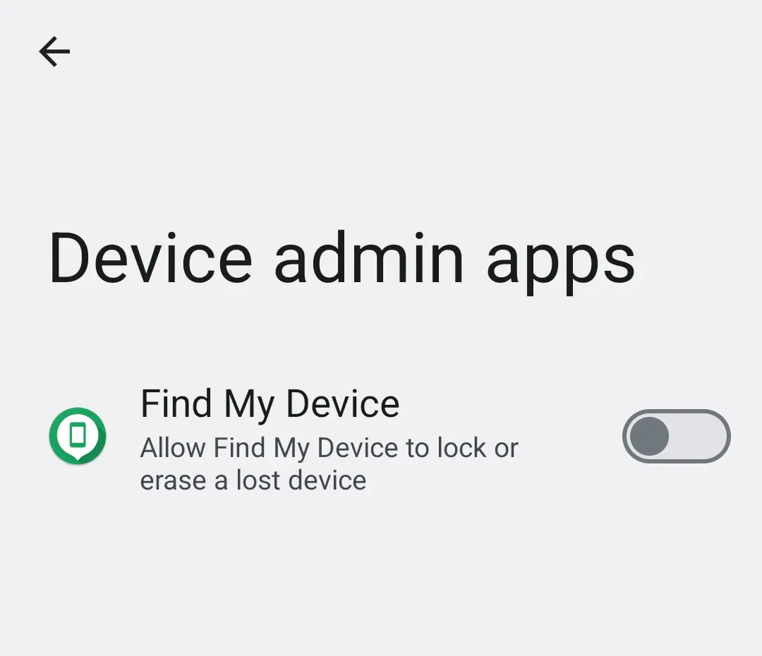 Android Settings screen Device admin apps listing Find My Device with its switch off