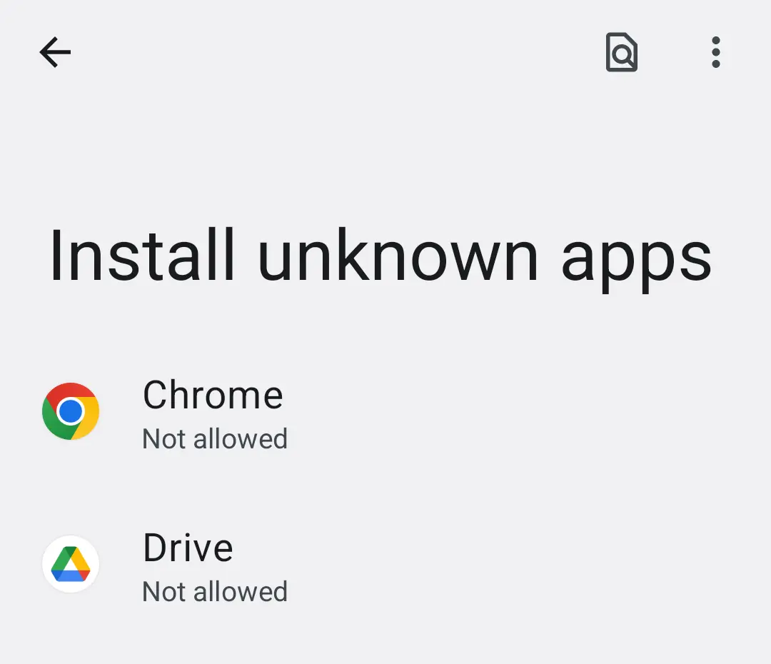 Android Settings screen Install unknown apps with the list of apps and their permission
