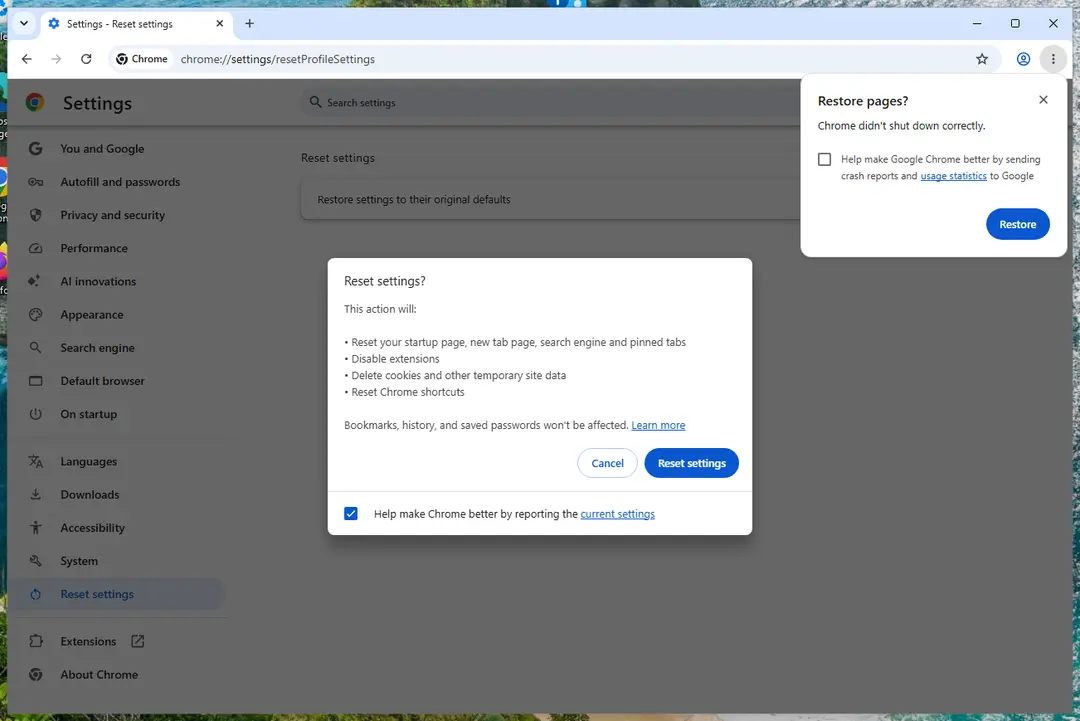Chrome Settings page with the Reset settings section open