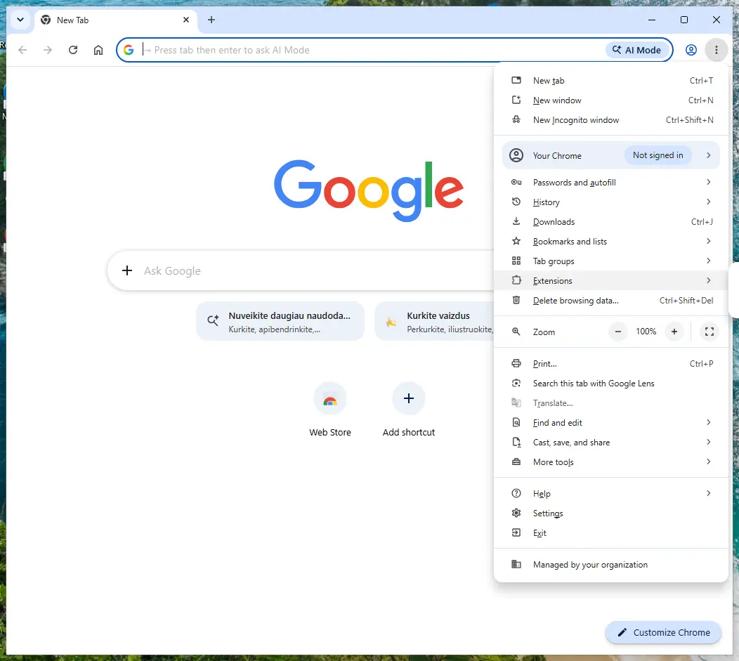 Chrome menu with Extensions and Manage extensions highlighted