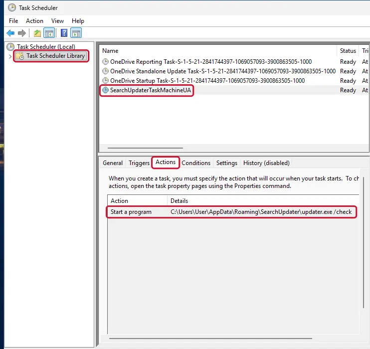 Task Scheduler Library with a task selected and its Actions tab showing the program it starts
