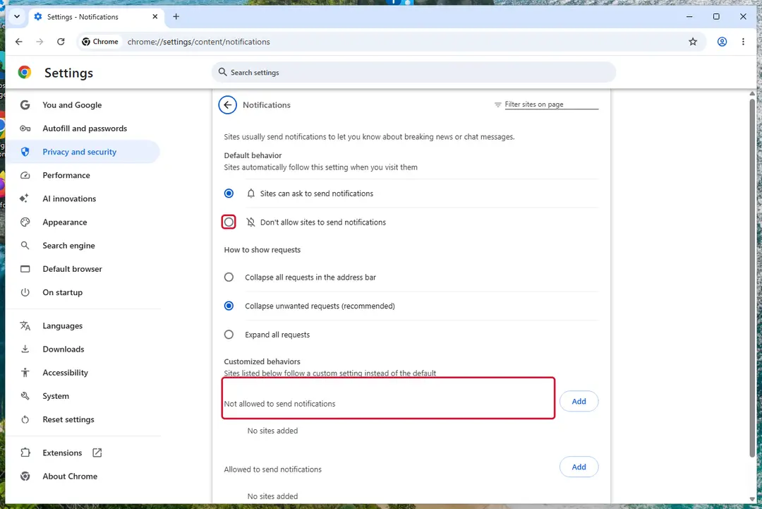 Chrome Settings, Notifications page with the allowed and not allowed site lists