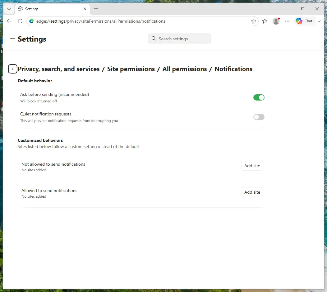Edge Settings, Notifications page with the Not allowed to send notifications list