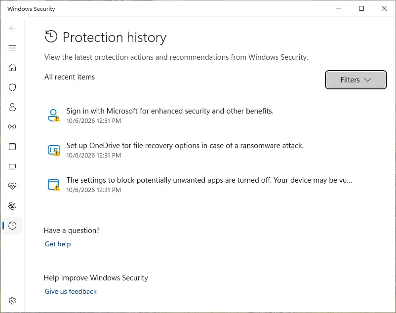 Windows Security Protection history page in Windows 11 listing what Microsoft Defender found, blocked or quarantined