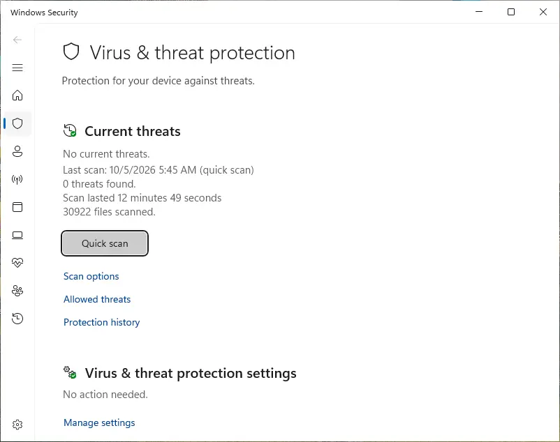 Windows Security, Virus and threat protection page with Quick scan and Scan options links