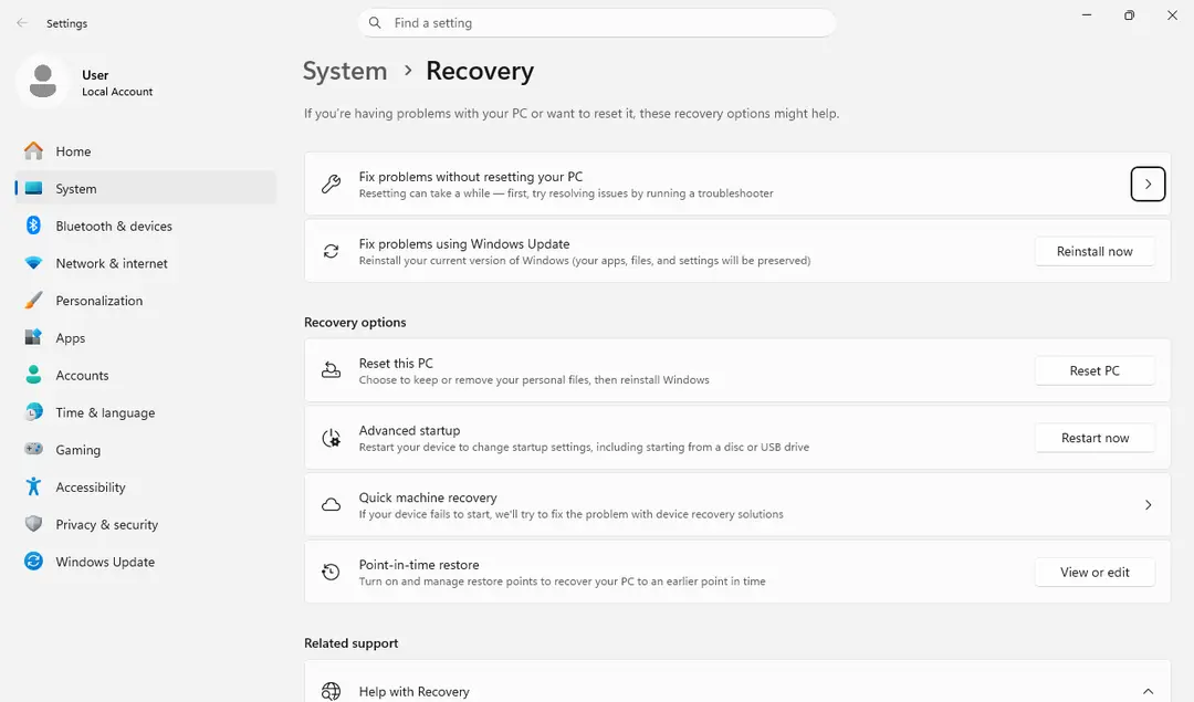 Windows 11 Settings System Recovery page with Reset this PC