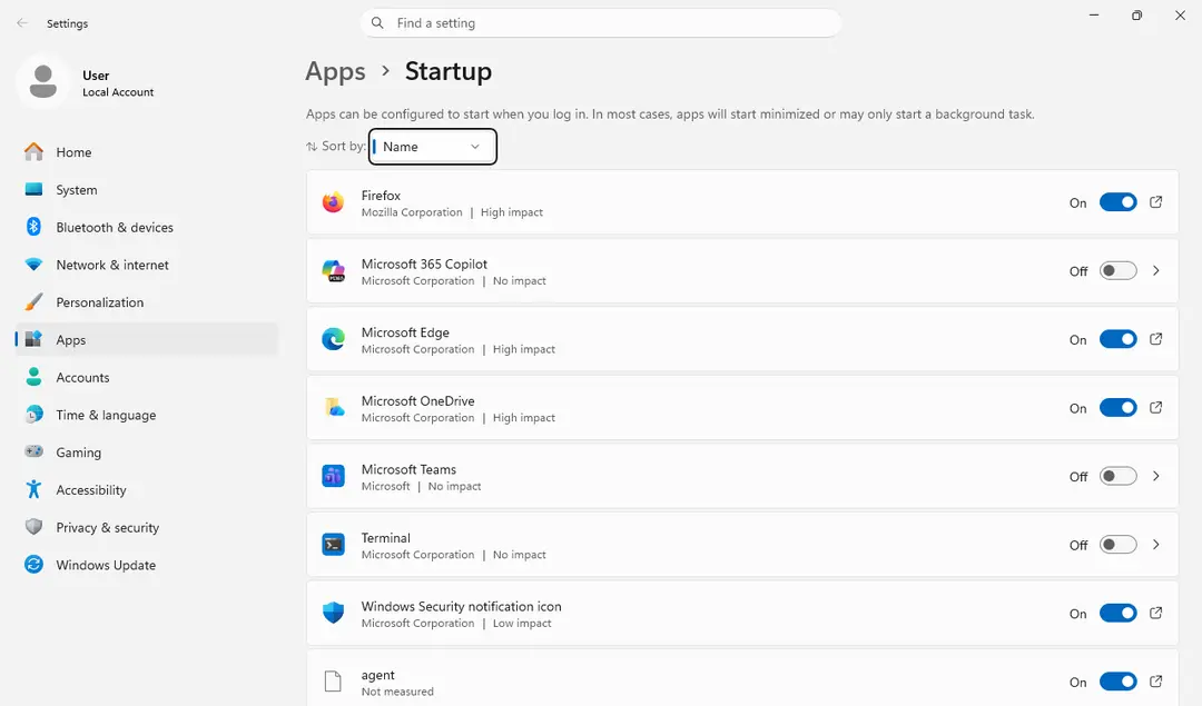 Windows 11 Settings, Apps, Startup page with switches for programs that start at sign in