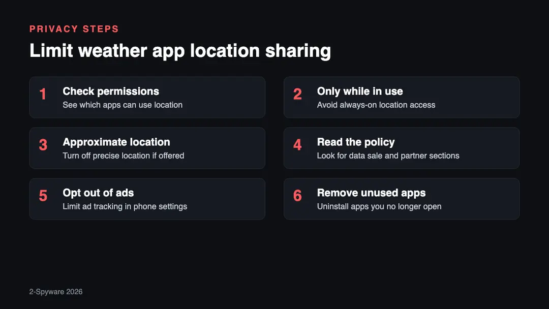 Six steps to limit weather app location sharing: check permissions, use while-in-use access, turn off precise location, read the privacy policy, opt out of ads, uninstall unused apps