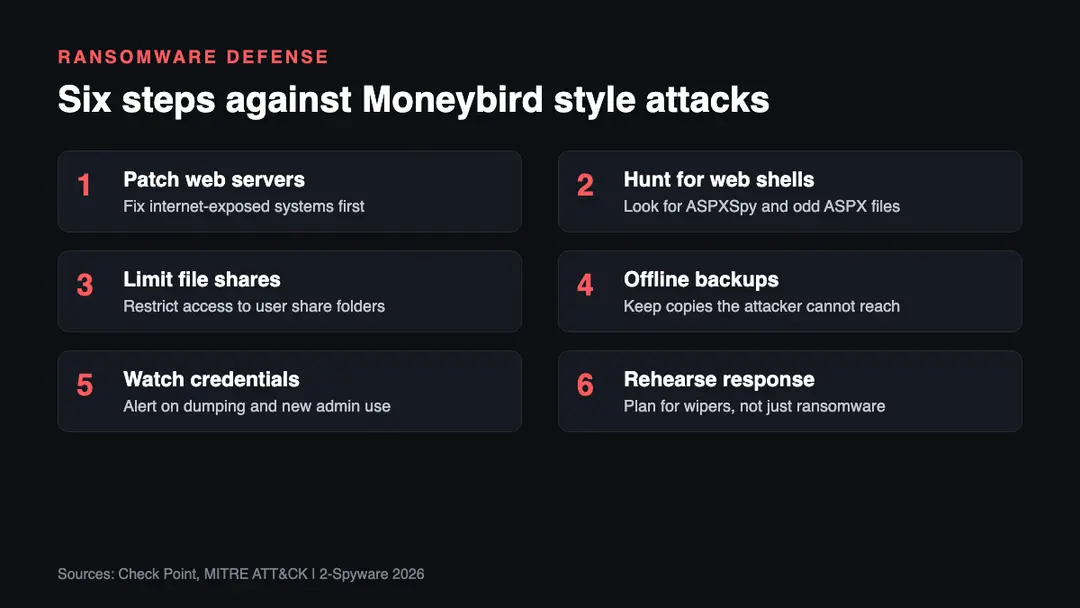 Six steps to defend against Moneybird style attacks: patch web servers, hunt web shells, limit file shares, offline backups, watch credentials, rehearse response