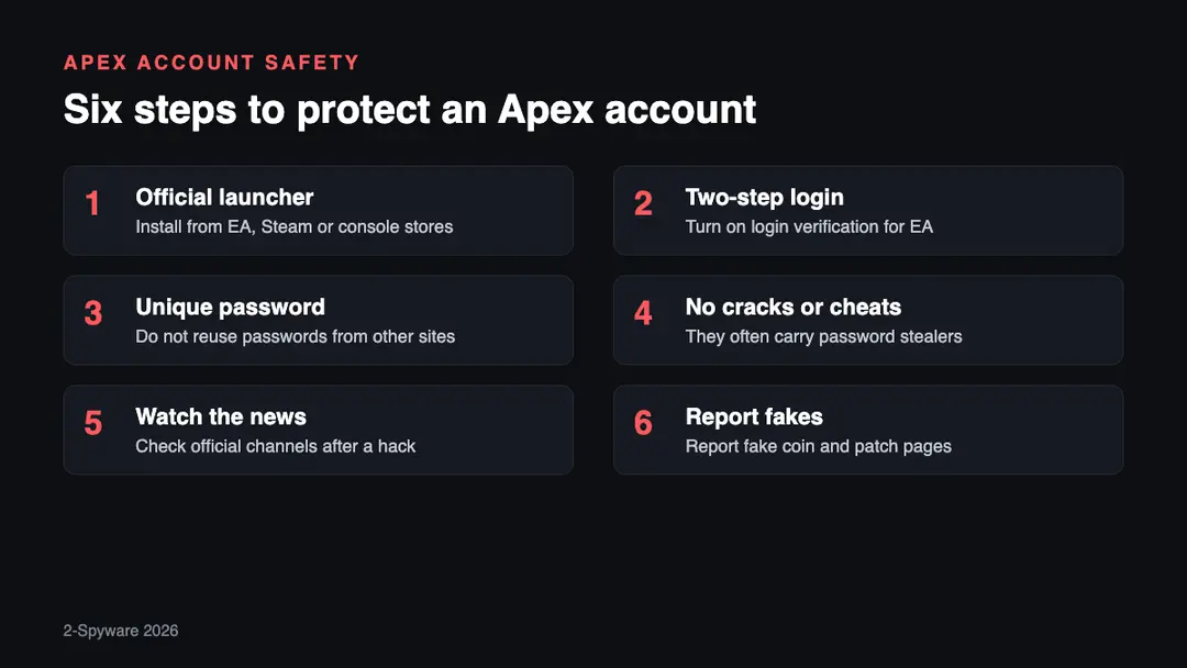 Six steps to protect an Apex Legends account Six steps to protect an Apex Legends and EA account in 2026: official launcher, two-step login, unique password, no cracks or cheats, check sessions, report