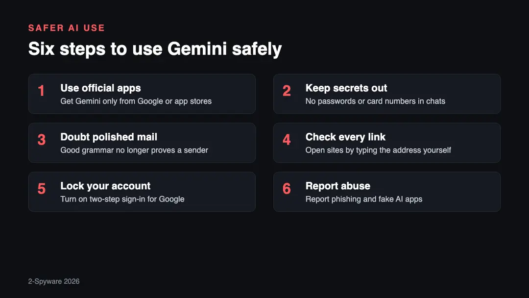 Six steps to use Google Gemini safely in 2026: official apps, no secrets in chats, verify AI written messages, check links, secure the Google account, report abuse