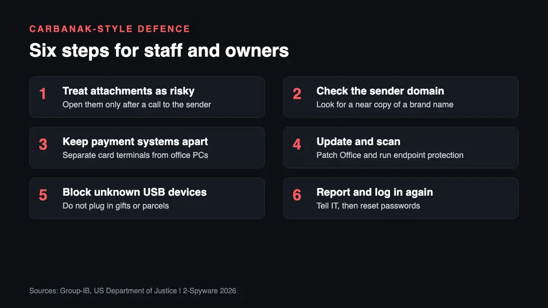 Six steps to defend a small business against spear phishing and card-stealing malware like the Carbanak and FIN7 attacks