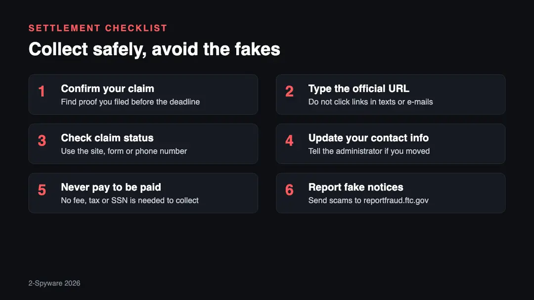 The six steps in one picture Six steps for Cash App and AT&T settlement claimants: confirm your claim, type the official URL, check claim status, update contact info, never pay to be paid, report fake notices