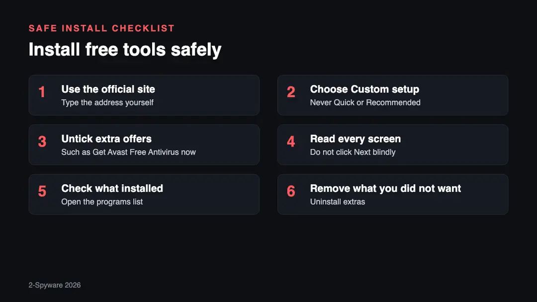 Six steps for a safe free software install: use the official site, choose custom setup, untick bundled offers, read each screen, check what got installed, remove what you did not want