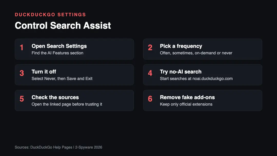 Six steps to control AI answers in DuckDuckGo Six steps to control DuckDuckGo Search Assist in 2026: open settings, pick a frequency, use never, try no-AI search, check sources, remove fake extensions