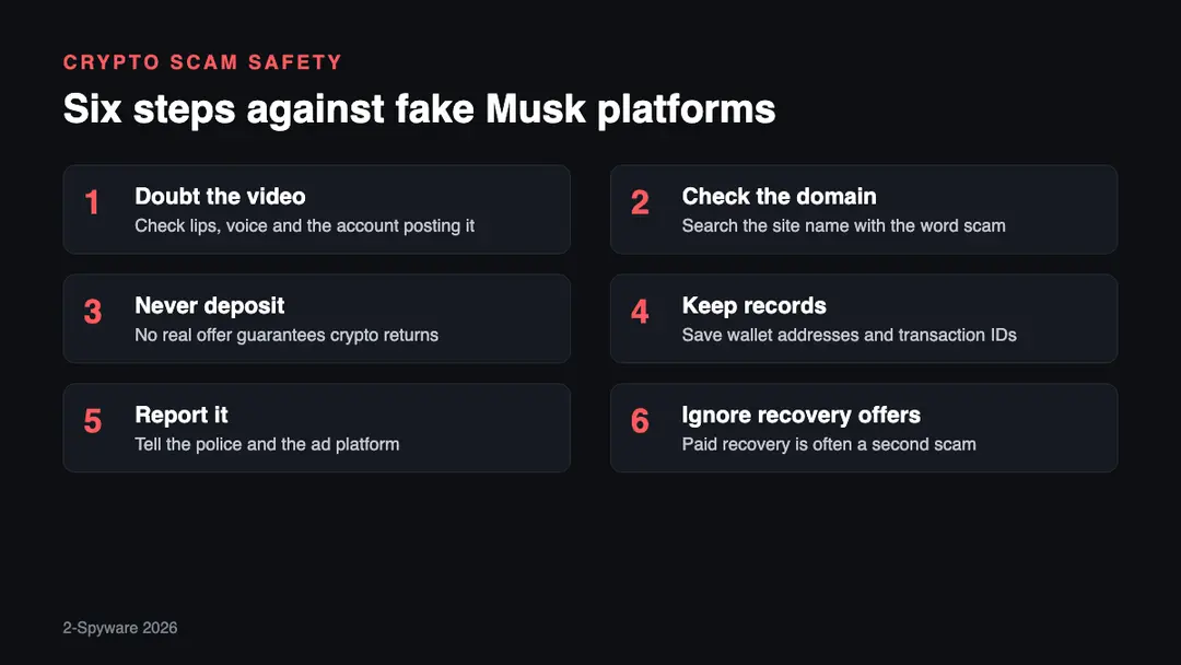 Six steps to avoid and respond to Elon Musk deepfake crypto scams Six steps to avoid Elon Musk deepfake crypto scams: doubt the video, check the domain, never deposit, keep records, report it, ignore recovery offers
