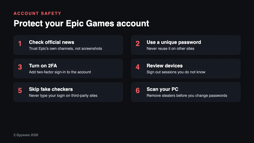 Six steps to protect an Epic Games account after hack rumours: check official news, unique password, two-factor sign-in, review devices, avoid fake checkers, scan for malware