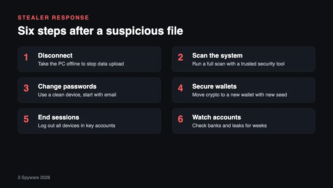 Six steps after running a suspicious Eternity file in 2026: disconnect, scan, change passwords, secure crypto wallets, end sessions, watch accounts