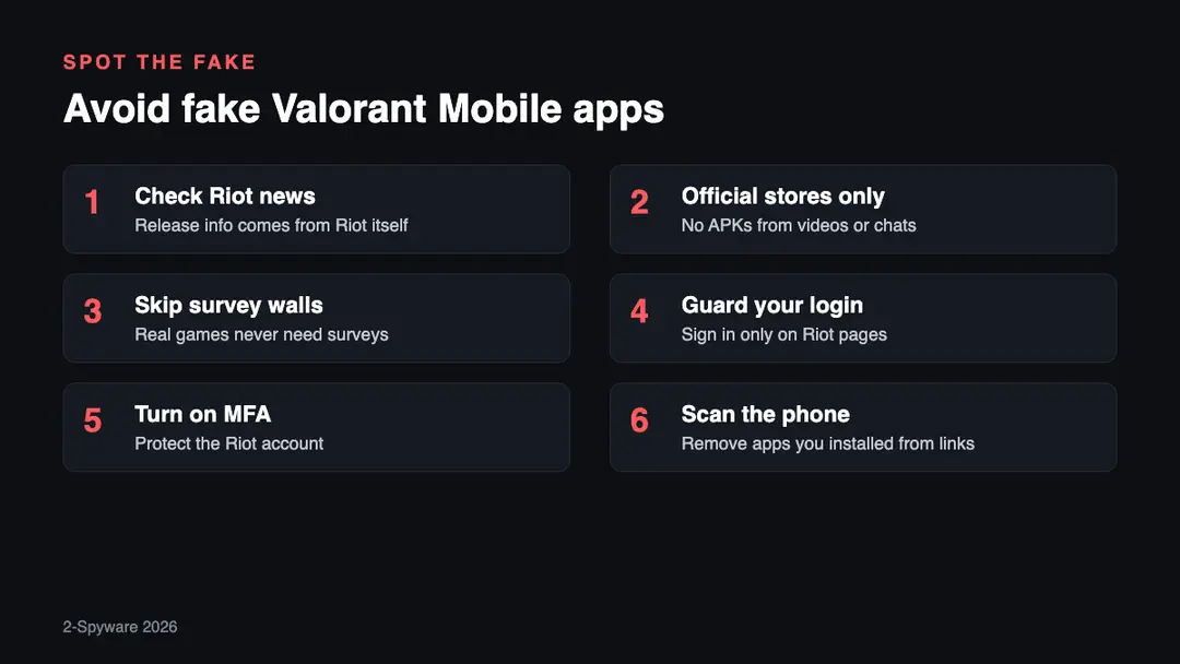 Six steps to avoid fake Valorant Mobile games in 2026: check Riot news, use official stores, avoid APK links, never sign in on random pages, use MFA, scan the phone
