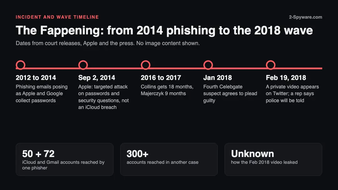 Timeline built by 2-Spyware from US Department of Justice releases, Apple's statement and press reports Timeline of the Fappening from 2012 to 2014 phishing, Apple's September 2014 statement, 2016 and 2017 sentences, the January 2018 plea and the February 19, 2018 video post