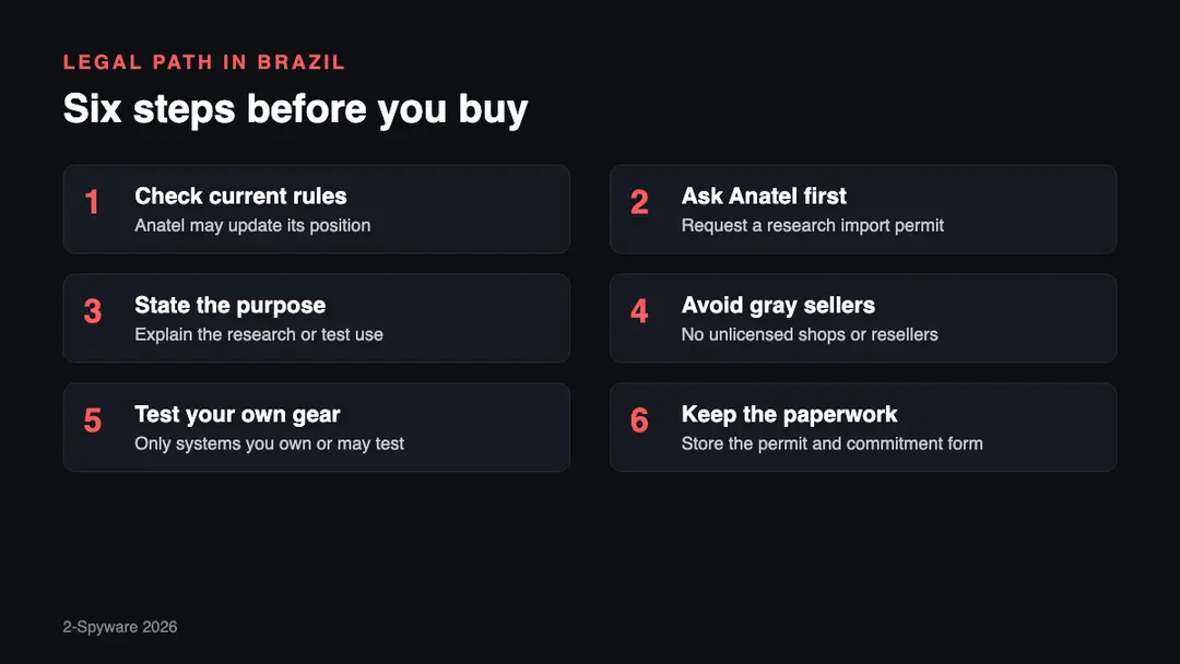 Six steps for researchers who want a Flipper Zero in Brazil Six steps for using Flipper Zero legally in Brazil in 2026: check the rules, ask Anatel, state the purpose, avoid gray sellers, test only your own devices, keep records
