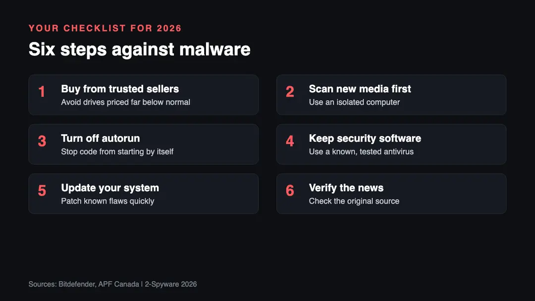 Six step checklist for staying safe from malware spread by cheap USB drives and fake security offers, based on the Japan cyber defense story