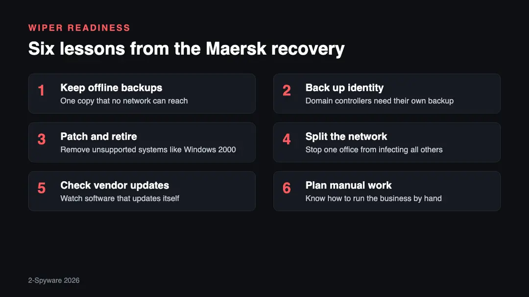 Six steps drawn from the Maersk NotPetya recovery Six steps to prepare for a NotPetya style wiper attack: offline backups, identity backups, patching, network segments, vendor checks and a manual fallback plan