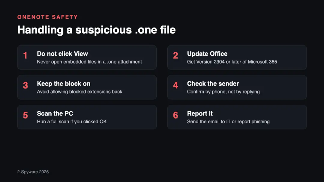 Six steps for a suspicious OneNote attachment Six steps for handling a suspicious OneNote attachment in 2026: do not click View, update Office, keep the block, check the sender, scan the PC, report phishing