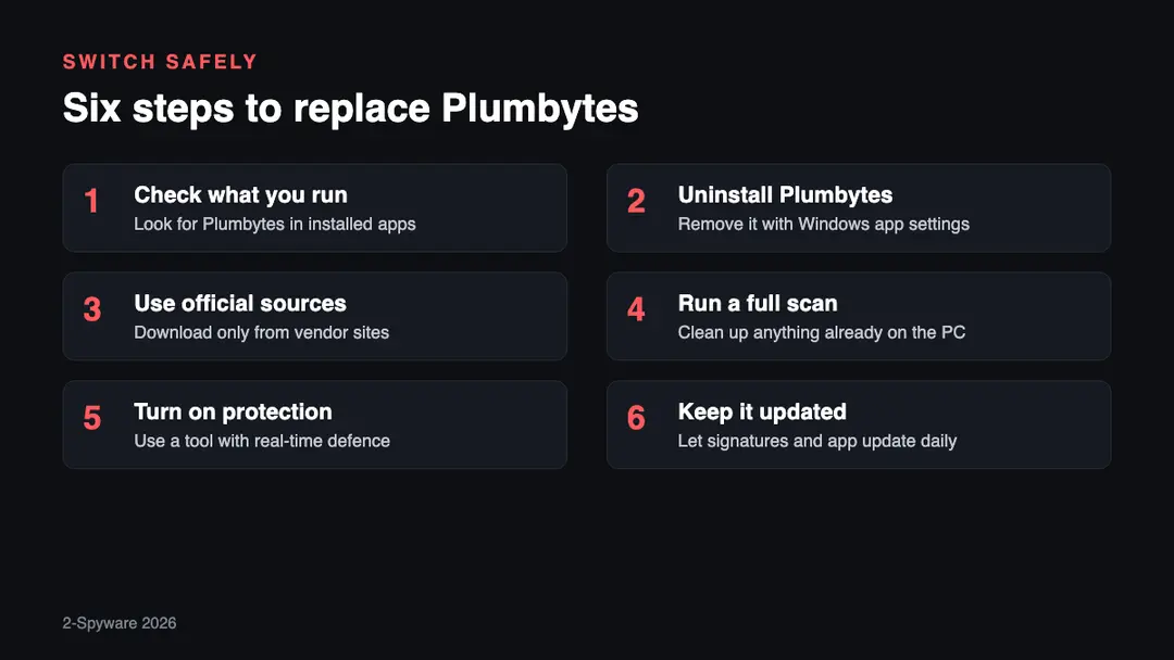 Six steps to replace an outdated anti-malware tool Six steps to replace Plumbytes Anti-Malware in 2026: check what is installed, uninstall Plumbytes, download from official sources, run a full scan, turn on real-time protection and keep it updated