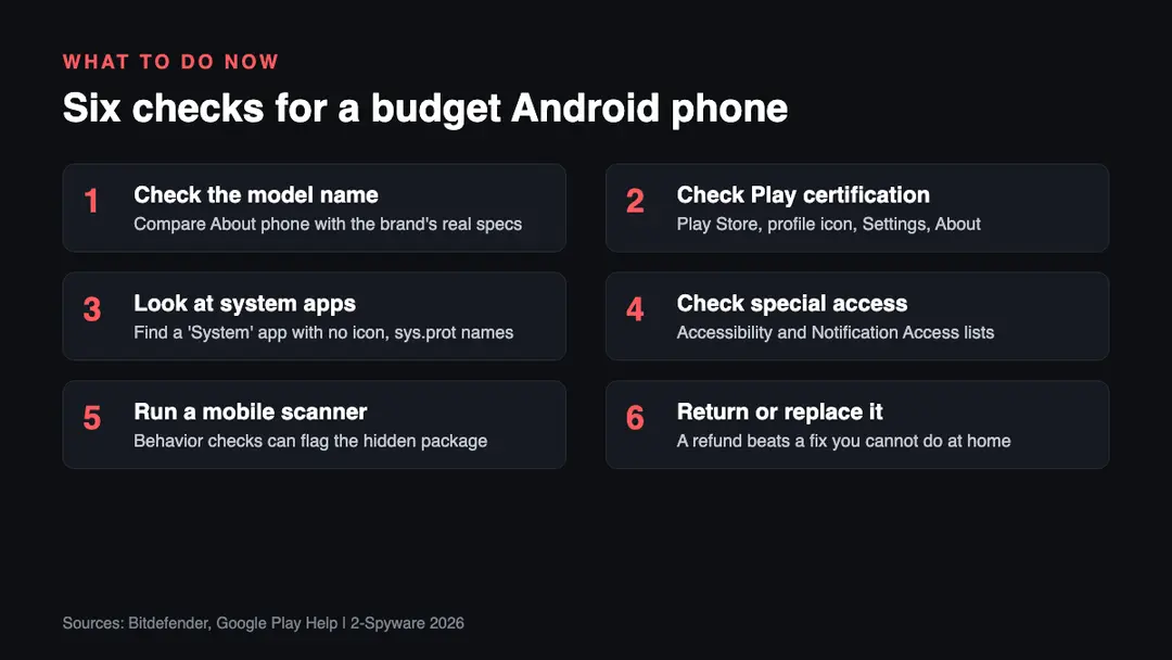The six checks in one picture Six checks for a budget Android phone: check the model name, check Play Protect certification, look for System apps, watch for odd behavior, use a mobile scanner, return or replace the phone