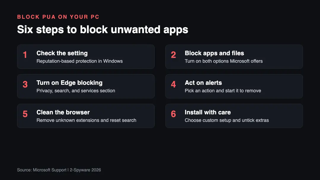 Six steps to block and remove potentially unwanted apps in Windows and Edge in 2026, from reputation settings to cleaning the browser